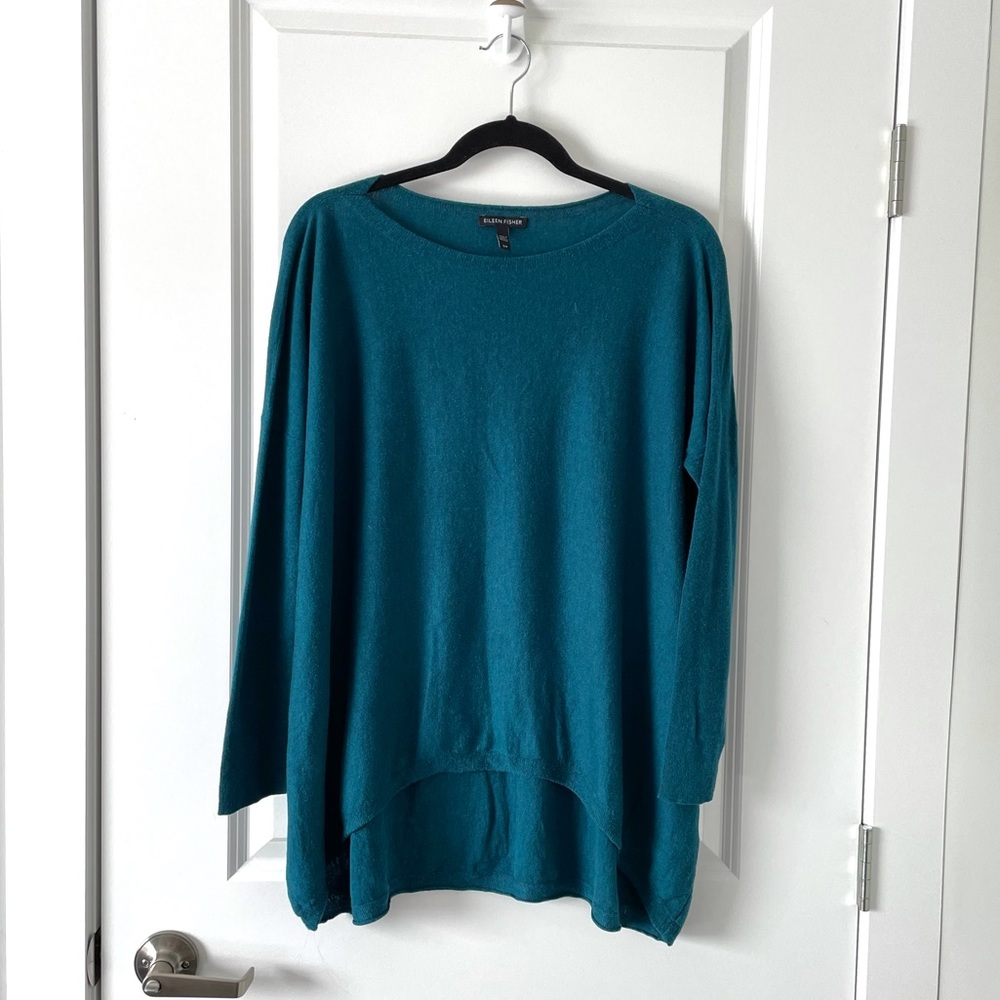 EILEEN FISHER / TEAL BOAT NECK TENCEL LONG SLEEVE